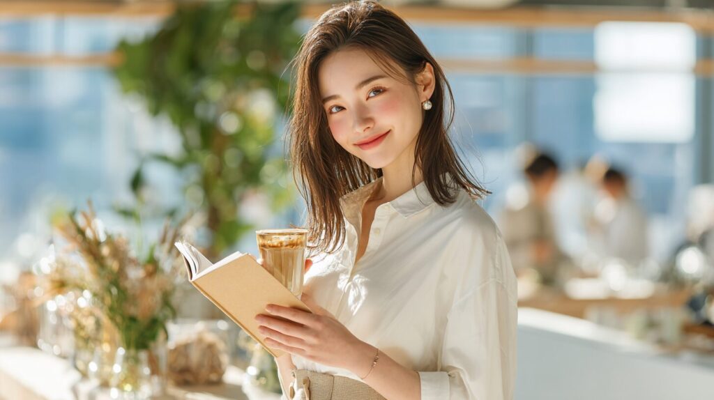 カフェで本を読みながらコーヒーを持つ女性の様子。資格取得や転職活動、キャリアアップをイメージしたアイキャッチ画像。