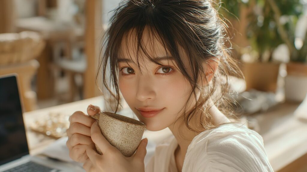 マグカップを持ちながら考え込む女性のイメージ。AI副業が怪しいと感じる不安の理由や、安全に始める方法を紹介する記事のアイキャッチ画像。