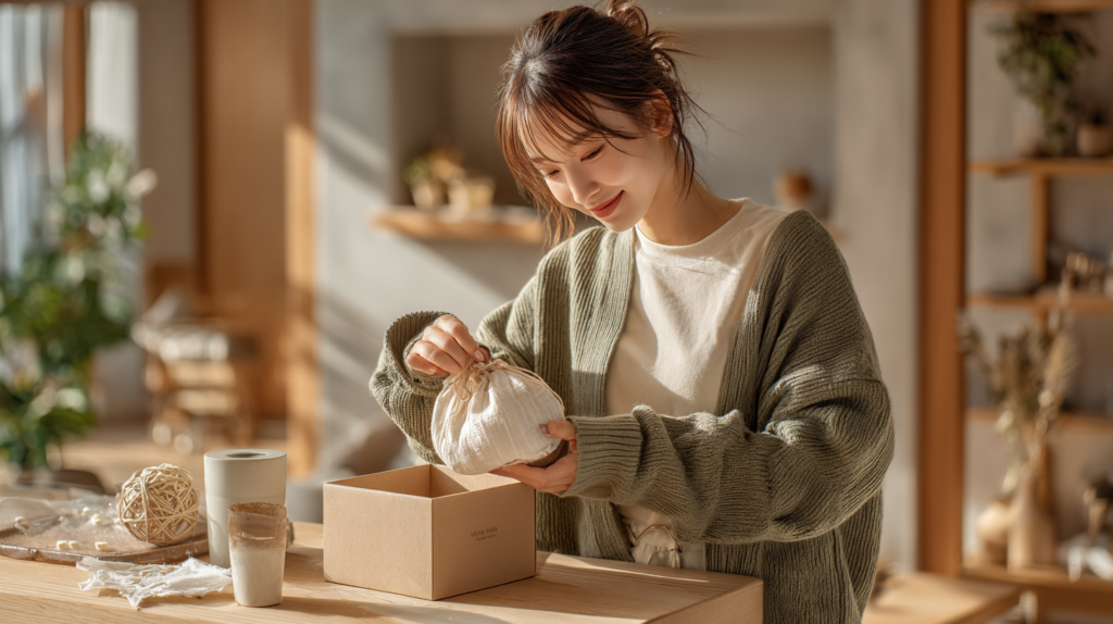 ハンドメイド副業の商品を梱包しながら、売上や利益について考える女性