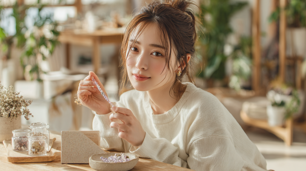 ハンドメイド副業の始め方を考えながら、アクセサリー制作に取り組む女性