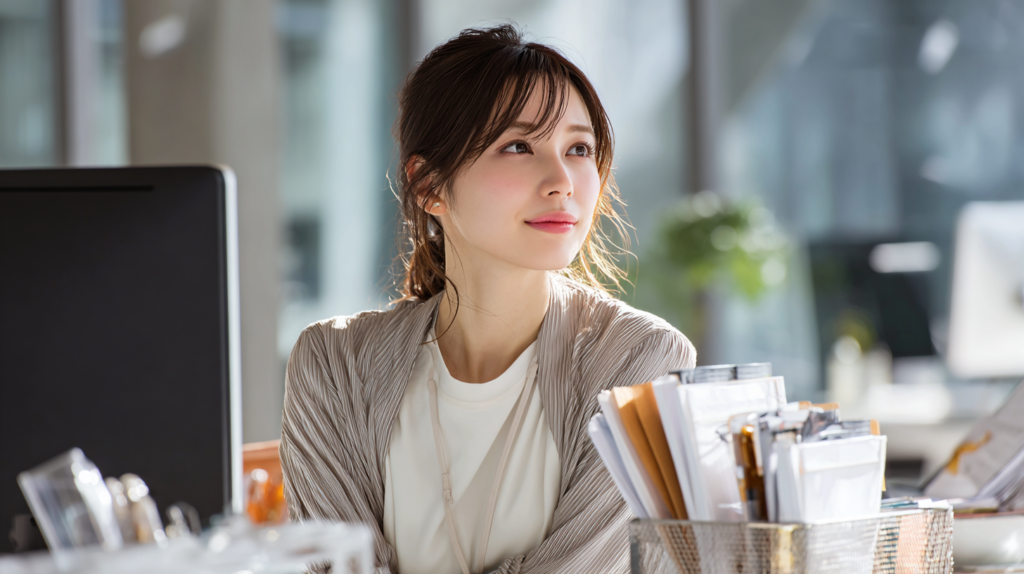 事務職をこのまま続けていいのか悩み、辞める明確な理由がない中で今後のキャリアを考える女性
