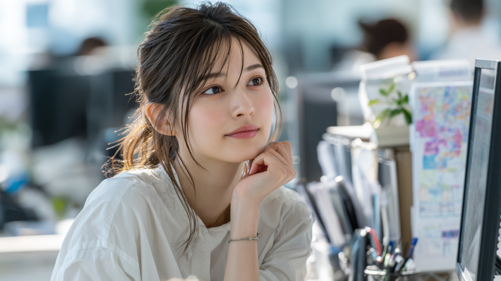 事務職をこのまま続けていいのか悩み、求人や社内制度を確認しながら今後のキャリアを考える女性