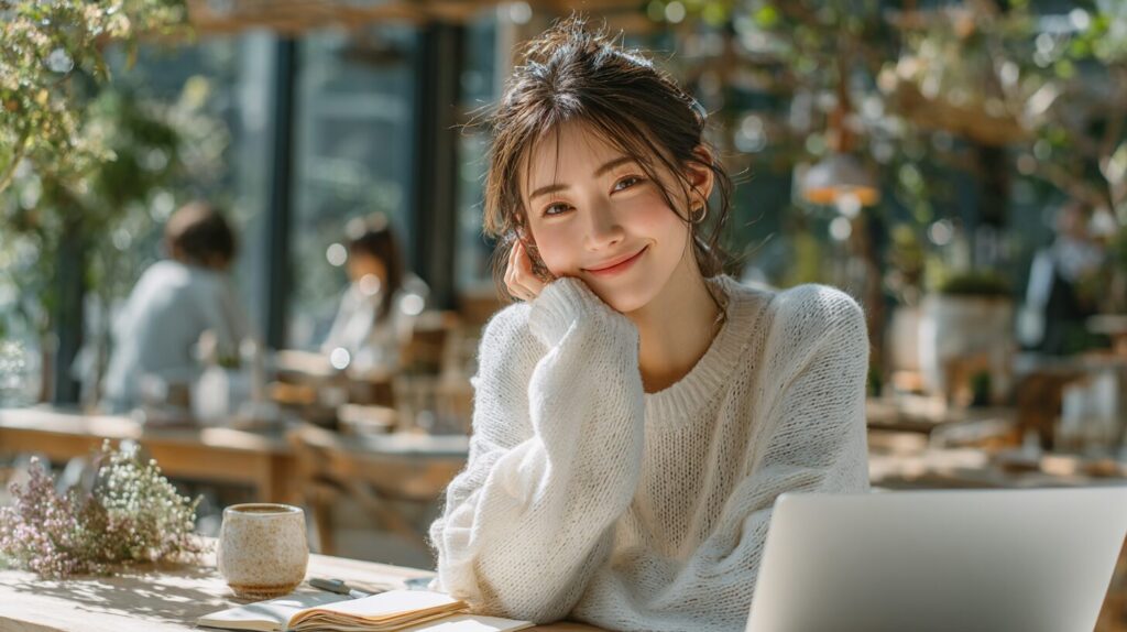 ノートパソコンを前に笑顔で作業する女性のイメージ。AI副業を未経験から始めたい女性に向けて、仕事の種類や始め方を紹介する記事のアイキャッチ画像。