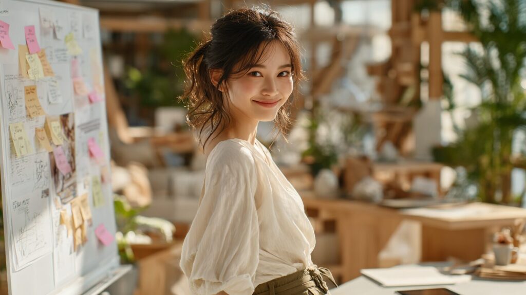 ホワイトボードを前に前向きな表情を見せる女性のイメージ。女性におすすめのリスキリング分野や、国の支援制度の活用方法を紹介する記事のアイキャッチ画像。