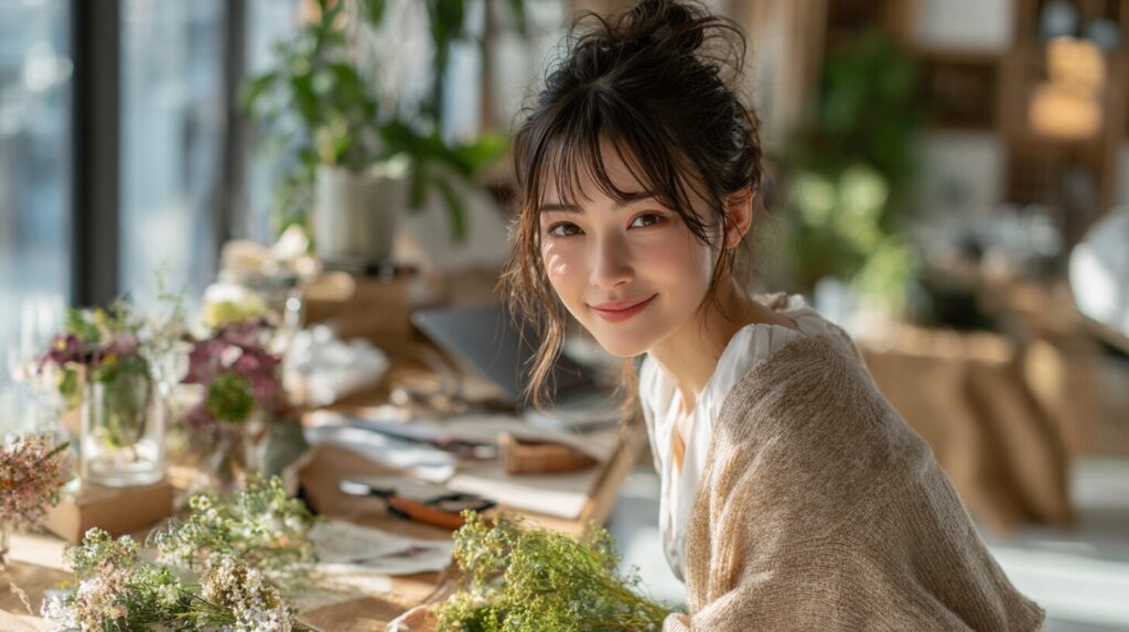 花や植物に囲まれた空間で穏やかに微笑む女性のイメージ。好きなことを仕事にしたい女性へ向けて、本業にこだわらない働き方を紹介する記事のアイキャッチ画像。
