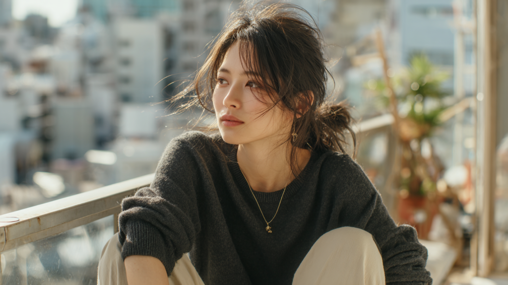 自分のキャリアについて考え込む女性。自己分析をしても答えが出ない社会人女性の悩みをイメージしたアイキャッチ画像。