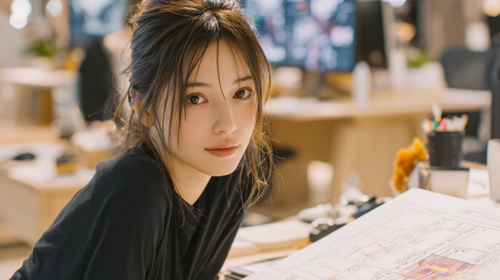 社内シートを確認しながらキャリアプランの書き方を考える女性