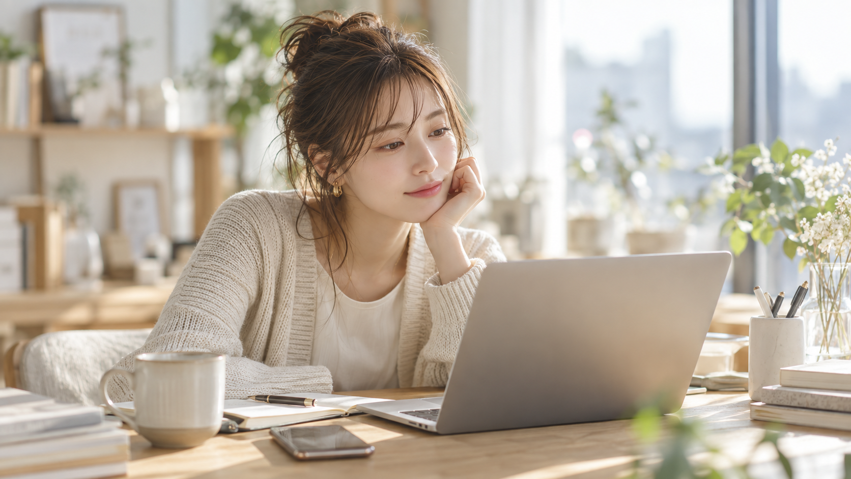 自宅でパソコンを使い、在宅ワークを始める準備をしている40代女性